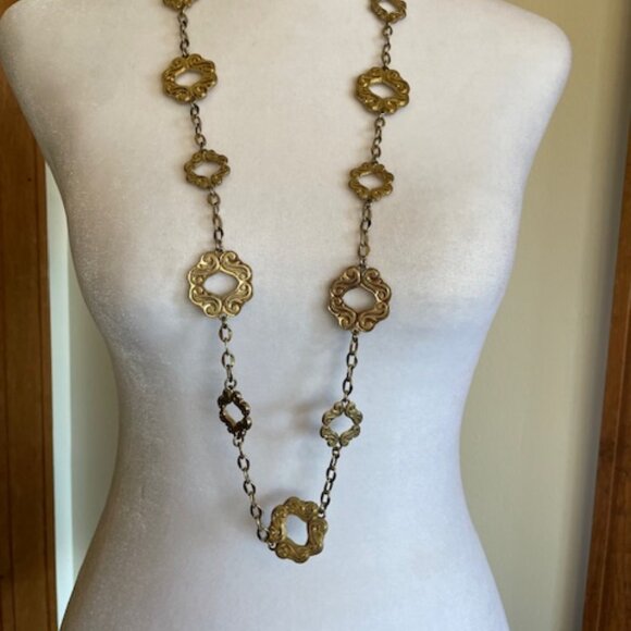 LIA SOPHIA Gold Tone Etched Link Long Necklace Vintage Retired - Picture 3 of 13